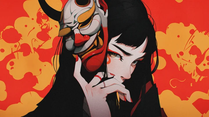 画面描绘一名黑发动漫女子与一张般若面具，背景为红橙色抽象图案。