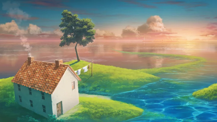 一座红瓦小屋坐落在绿意盎然的水岸边，树木、云彩与夕阳映照在水面上。