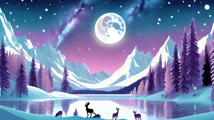 画面展示了星空、明月、雪山、松林与宁静湖泊的幻想风景。