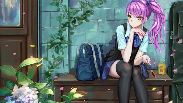 紫色の髪のアニメキャラクターが、植物や花に囲まれたベンチに座っています。