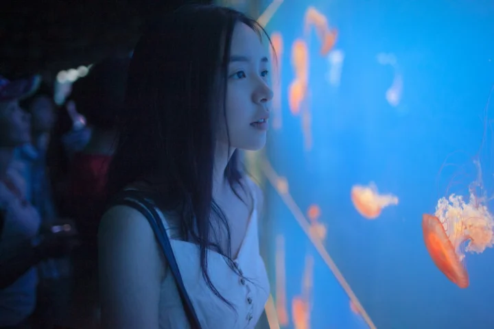 一名女性在蓝色水族馆灯光前侧身凝望，旁边可见漂浮的水母。