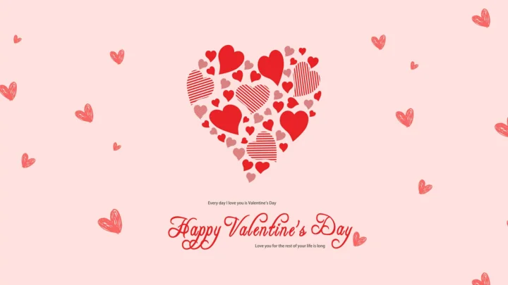 粉色背景中央由红色和粉色爱心组成心形图案，下方写着“Happy Valentine's Day”。