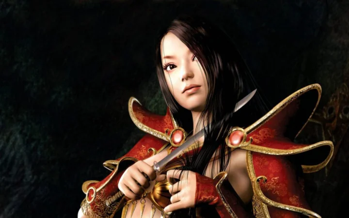 画面中一名黑发红衣的女性战士手持长剑，背景较暗。