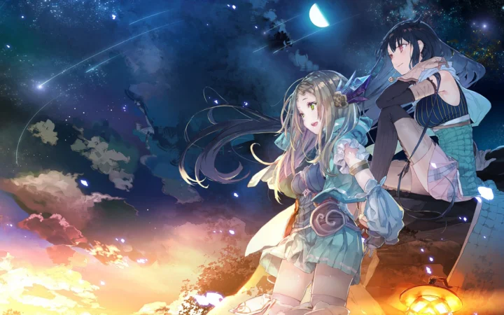 两位动漫风格少女站在星空与月亮下，背景映着绚丽的晚霞。