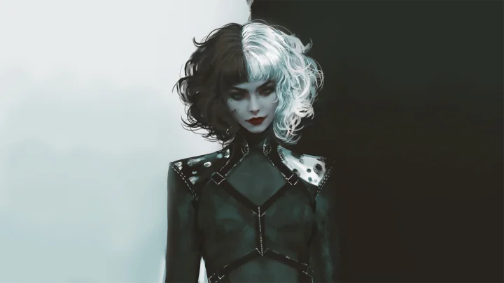 화면 중앙에 검은색과 흰색의 투톤 곱슬머리와 어두운 의상을 한 애니메이션풍 여성이 그려져 있습니다.