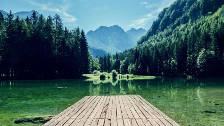 木栈桥延伸到清澈湖面，四周环绕着森林与远山。