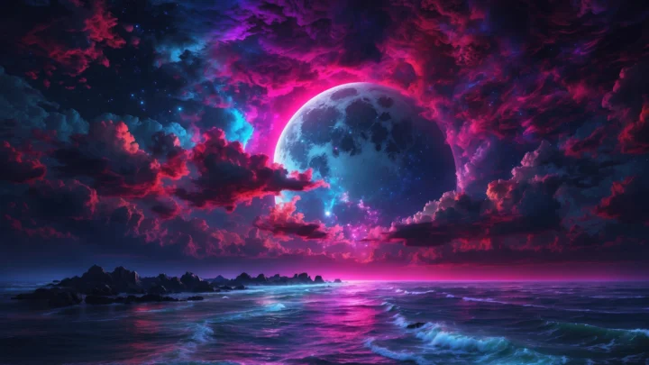 巨大的月亮悬挂在绚丽的紫蓝色星云与海面上方，海浪映出明亮的粉色光芒。