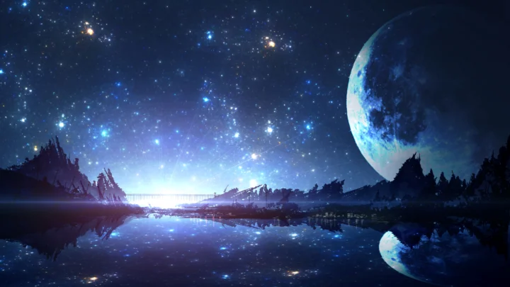 璀璨星空下，一颗巨大的行星悬浮在远方，水面映出天体与星光的倒影。
