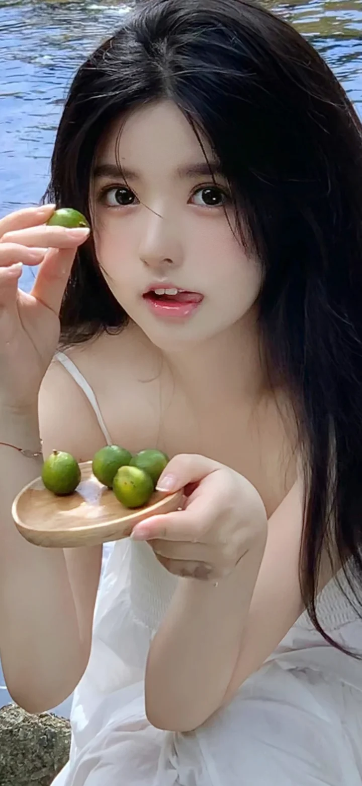 一名女子在水边手持青果和木盘。