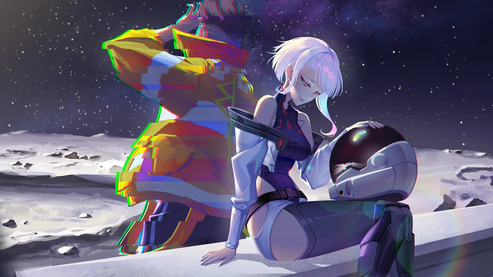 白髪のアニメ風キャラクターが淡い岩場に座り、そばに宇宙用ヘルメットが置かれ、暗い星空とカラフルなグリッチ効果が背景に広がっています。