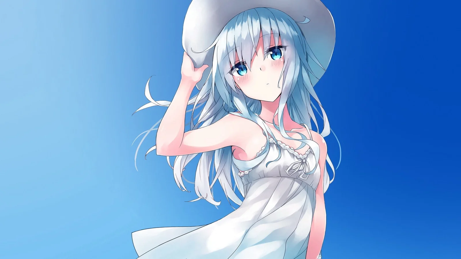青い髪のアニメ少女が白いワンピースを着て、青いグラデーションの背景に描かれています。