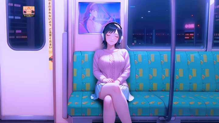 一位戴着耳机的动漫女孩坐在夜晚地铁车厢的座位上。
