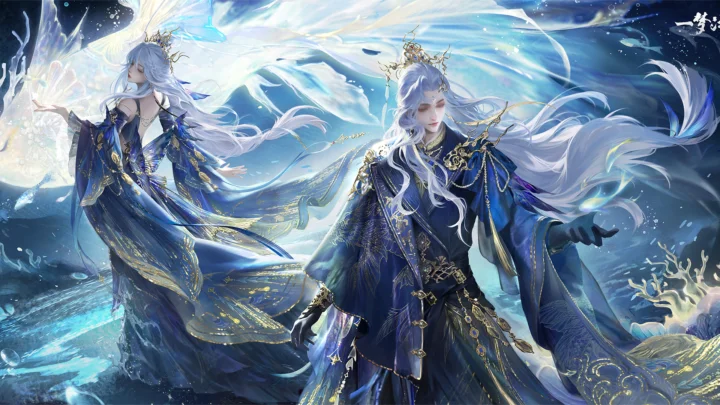 白髪の人物二人が華やかな青い衣装をまとい、青と白の流れる光の中に描かれている。