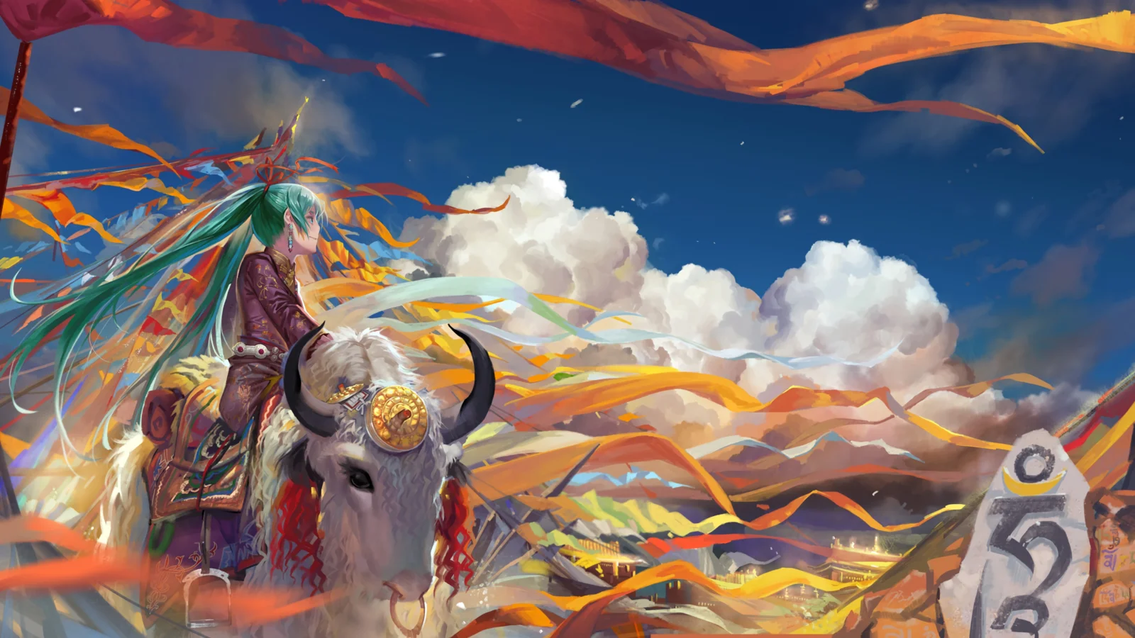 一名绿发动漫角色骑在有角白色公牛上，背景是绚丽天空、云朵与山峦。