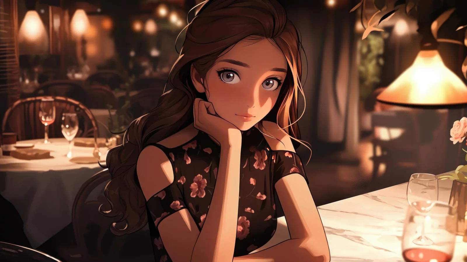 茶色の髪のアニメ風の女性が、暖かな照明のレストランで頬杖をつきながらこちらを見ている。