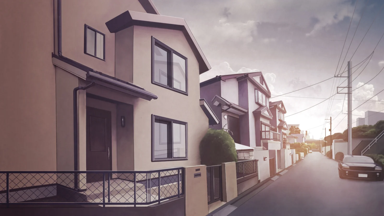 一条两旁排列着住宅、围栏和电线杆的街道沐浴在黄昏光线中。