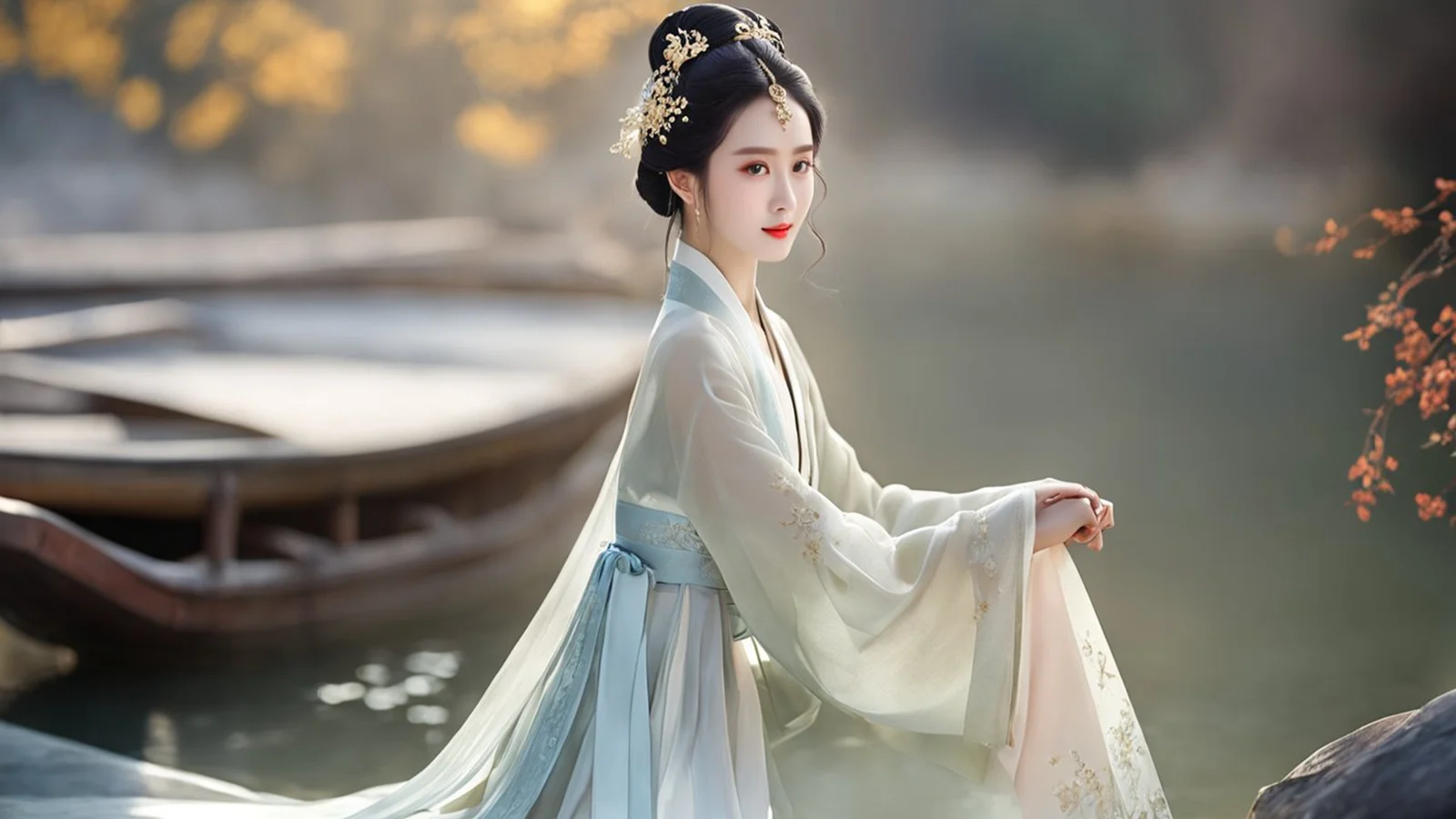 一位身穿淡色汉服的女子站在水畔，背景可见小船与朦胧景色。