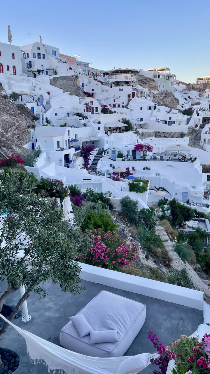 白色建筑沿山坡层叠分布，前景露台点缀着绿植和紫红色花朵。