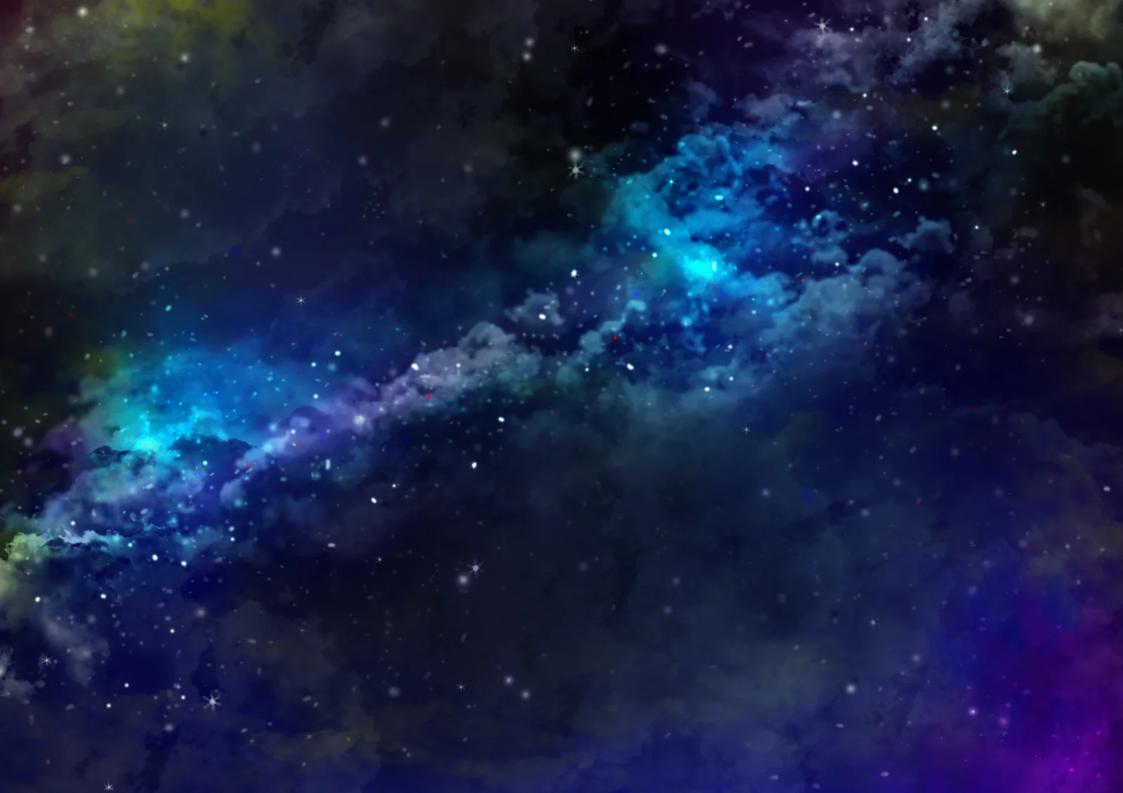 深蓝色与青蓝色星云在繁密星空中交织，形成梦幻的宇宙背景。