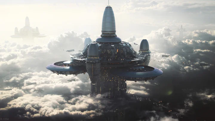 未来的な巨大宇宙船が、明るい雲海と空の間に浮かんでいる。