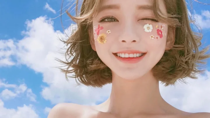 꽃무늬 페이스 메이크업을 한 성인 여성이 푸른 하늘과 구름을 배경으로 카메라를 향해 미소 짓고 있습니다.
