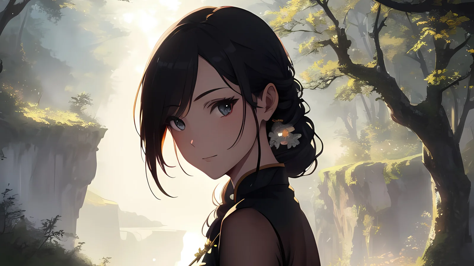 黒髪のアニメの少女が、陽光に照らされた森の崖の前に立っている。