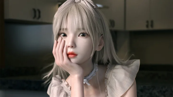 은발의 애니메이션풍 여성이 실내에서 손으로 뺨을 받치고 카메라를 바라보고 있다.