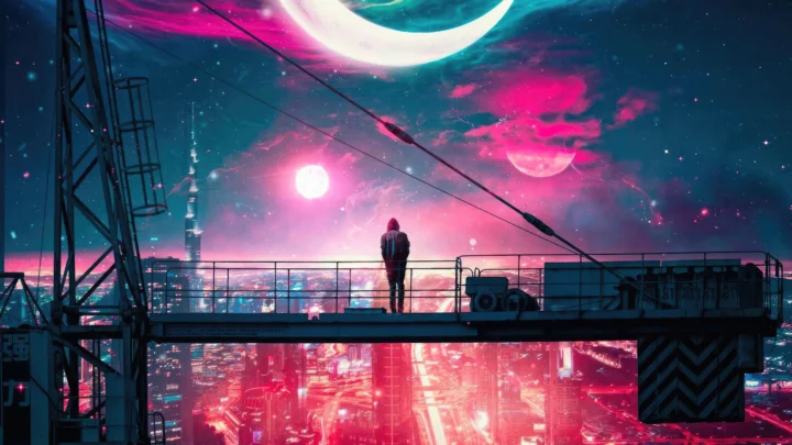粉蓝色星云、月体与繁星映照着下方的霓虹城市，一名剪影人物站在高架平台上。