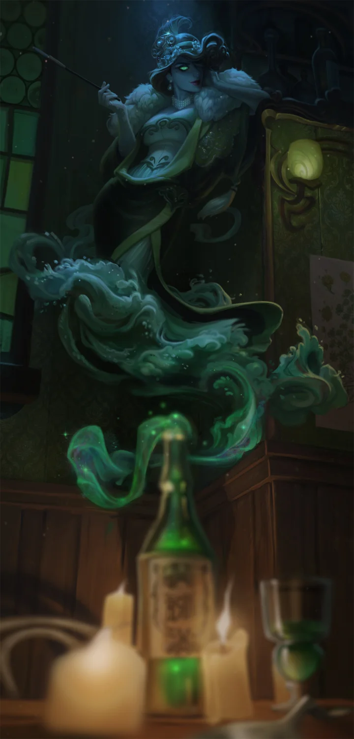 暗い幻想的なイラストで、緑色の煙に包まれた謎めいたキャラクターと、手前の薬瓶やろうそくが描かれています。