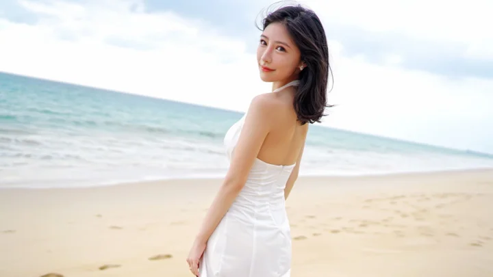 一名身穿白色连衣裙的成年女性站在海滩上回眸，身后是海水与天空。