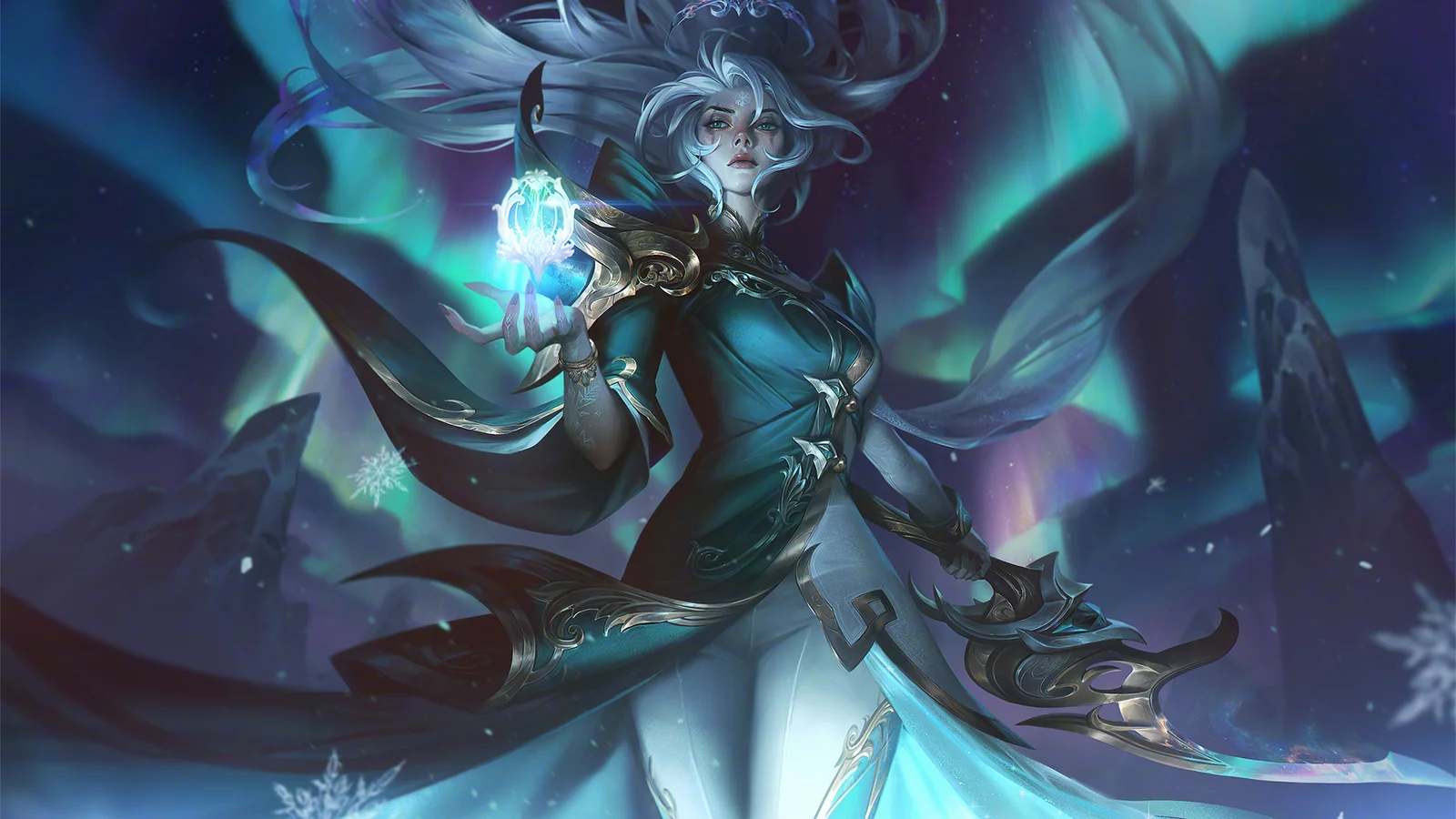 一名银发动漫女战士手持发光魔法球，站在蓝绿色奇幻背景前。