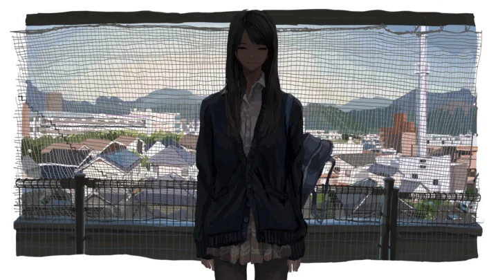 一名黑发动漫少女站在高处栏杆前，身后是城市、远山与晴朗天空。