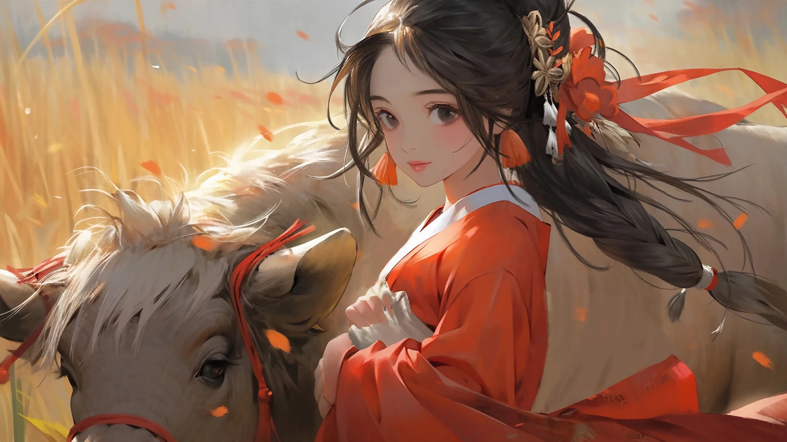 一名身穿红色服装的动漫风格女子坐在马旁，背景是金色草地与飘落的花瓣。