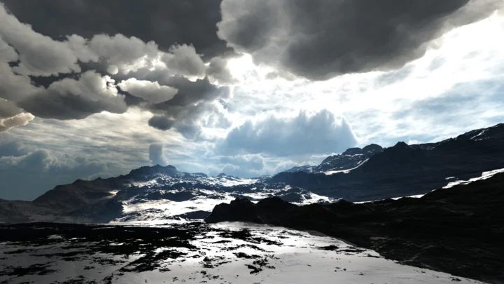 乌云笼罩的积雪山地间透出明亮天光。