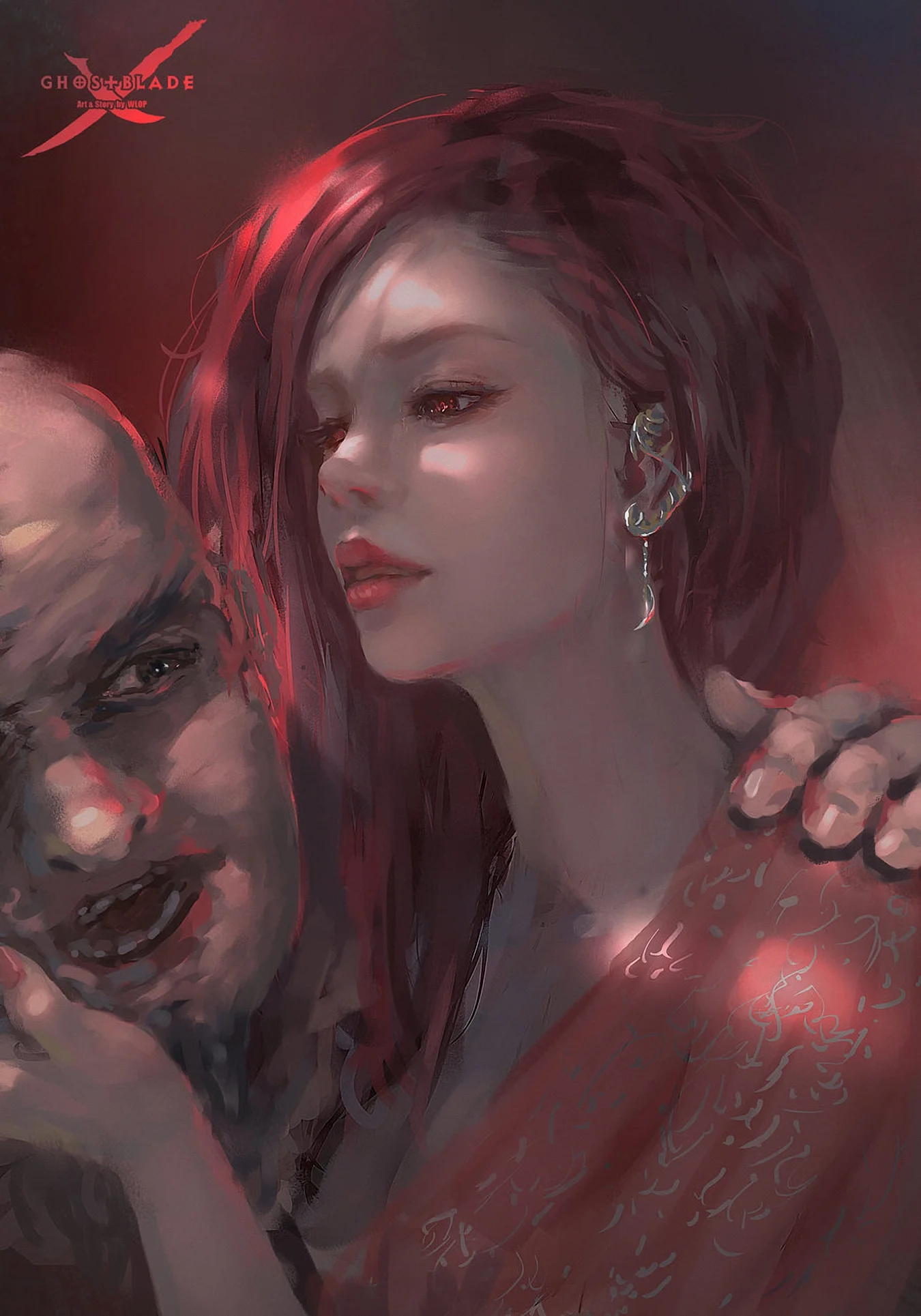 赤い髪の女性と隣にいる男性キャラクターを描いた、暗い赤色調のデジタルイラストです。