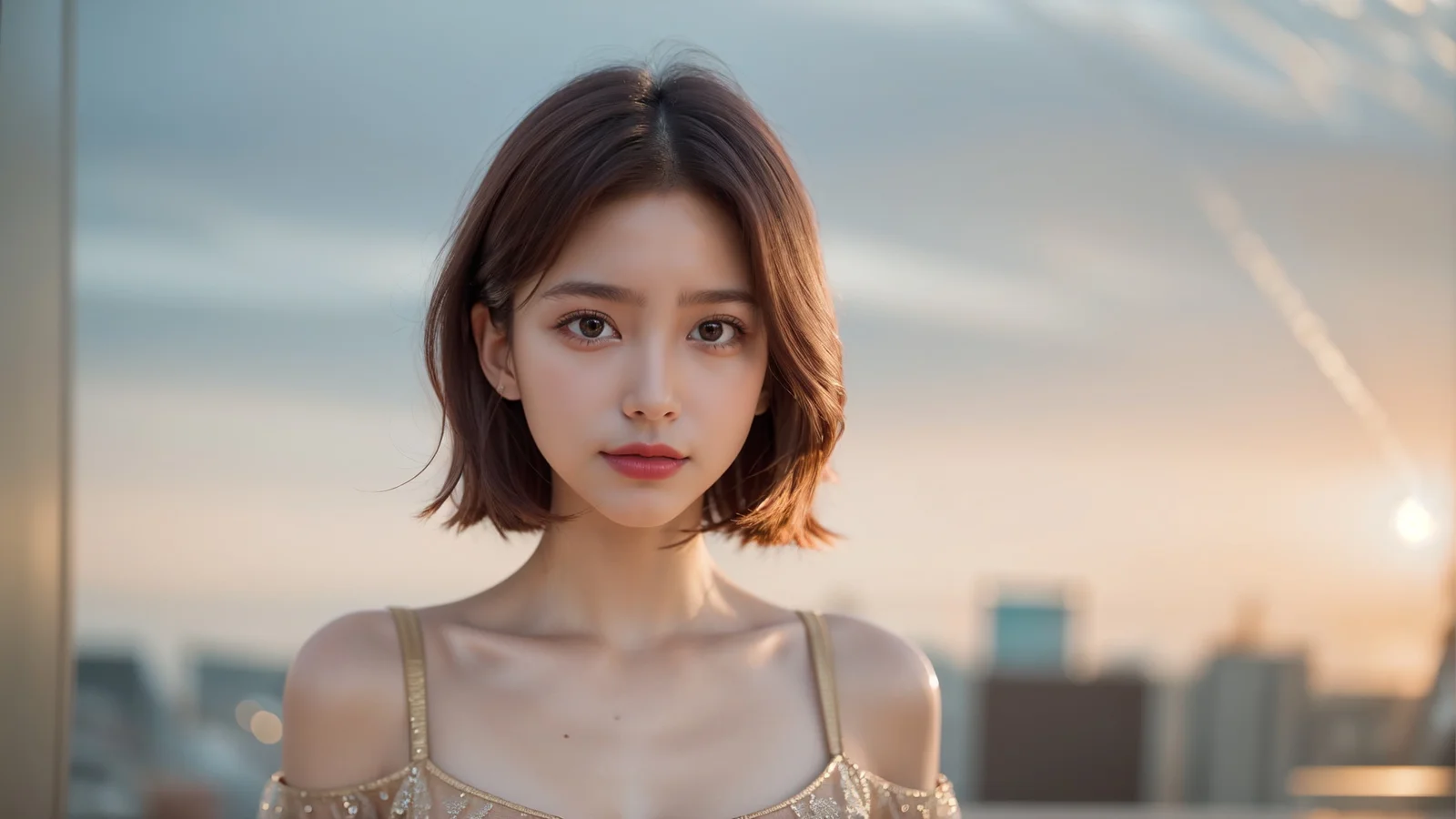 짧은 갈색 머리의 여성이 따뜻한 석양빛을 받으며 카메라를 바라보고 있고 뒤에는 흐릿한 도시 풍경이 보입니다.