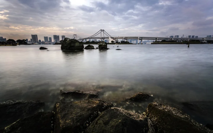 暮色天空下，城市天際線與多座橋樑橫跨平靜水面，前景是裸露的岩石。