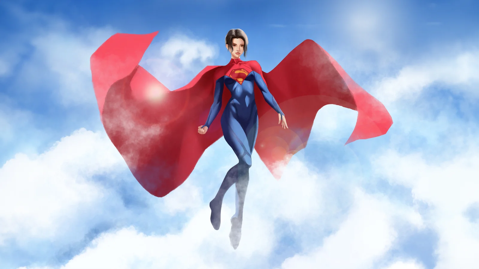파란색과 빨간색 의상에 붉은 망토를 두른 여성 슈퍼히어로가 흰 구름이 있는 푸른 하늘을 날고 있다.