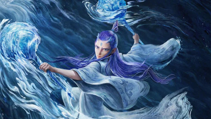 一名蓝发白衣角色在翻涌的蓝色水浪中挥动双臂。
