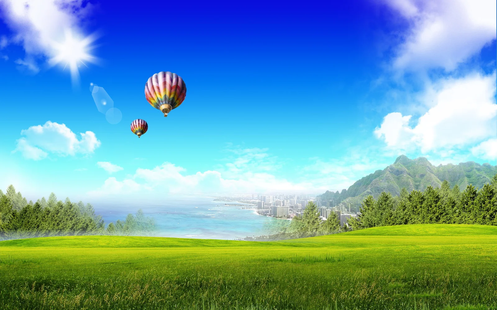 青空の下に広がる緑の草原と遠い山々、海岸の街、二つの熱気球が描かれています。