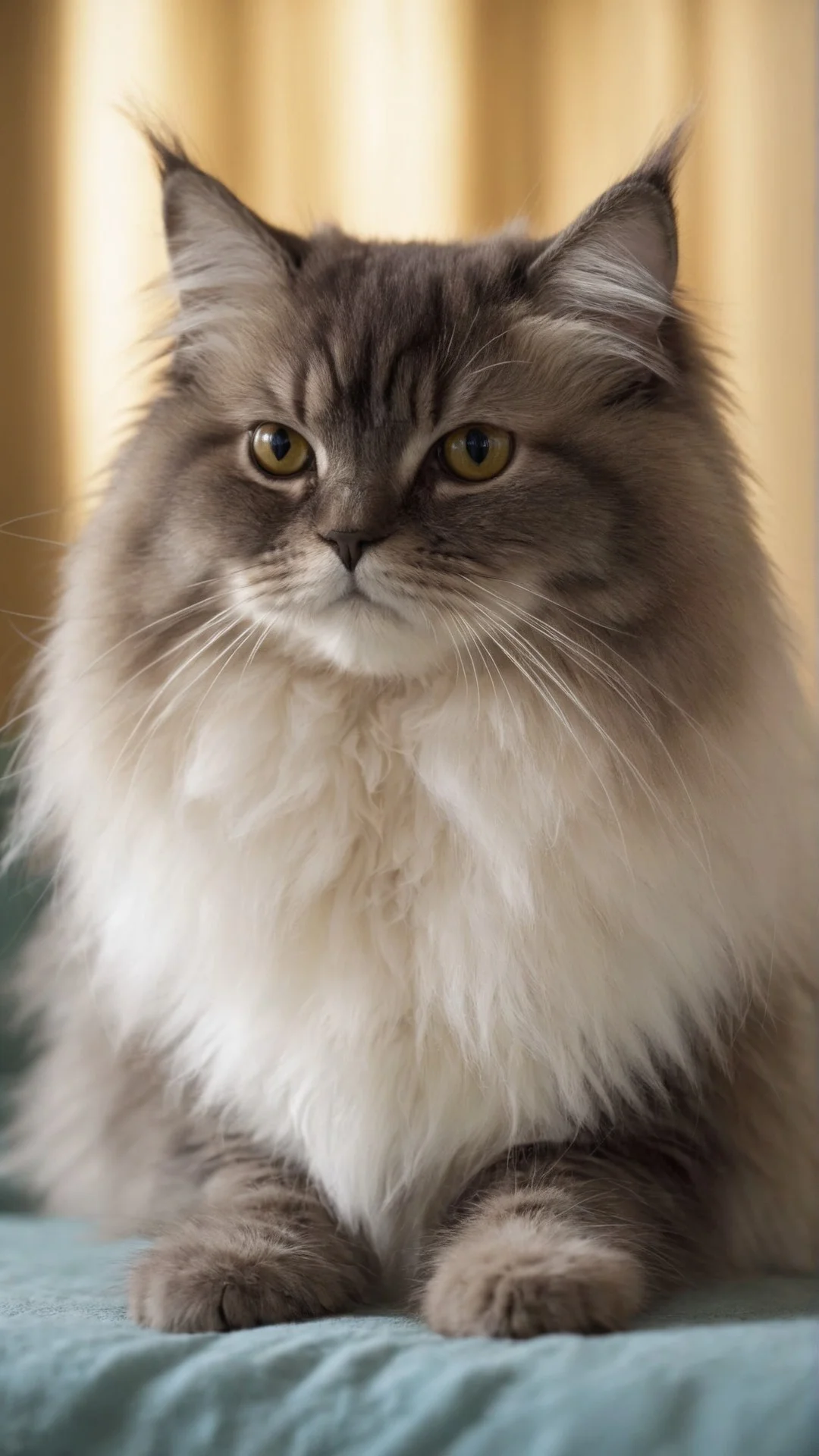 一只灰白相间的长毛猫面向镜头坐在柔软的蓝色表面上，背景为暖 beige 色。