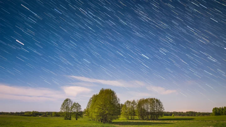 夜空中划过密集星轨，下方是树木与开阔草地。