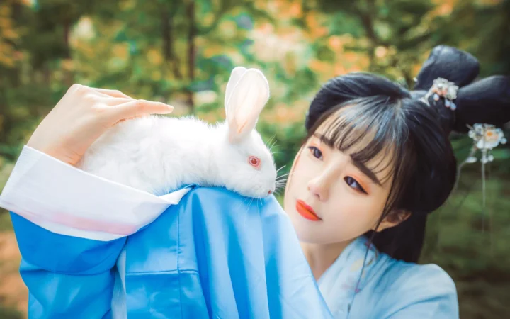 一名身穿蓝色服装的女子在森林中抱着一只白兔。