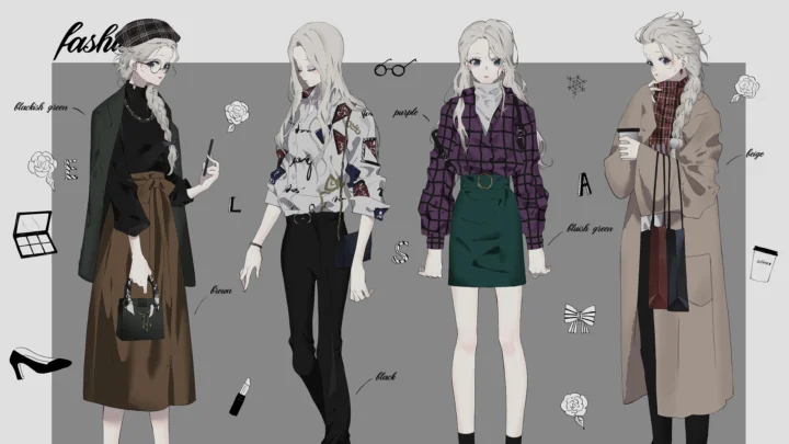 灰色背景上展示了四位穿着不同风格服装的动漫女性角色插画。