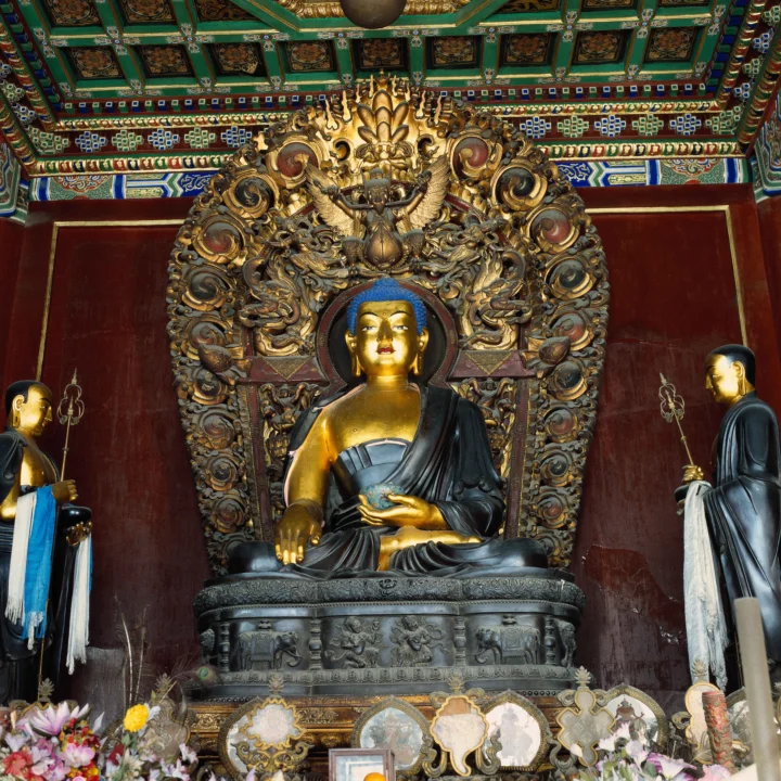 一尊金色佛像端坐在雕刻华丽的佛龛前，周围是彩绘天花板、两侧侍像和供花。