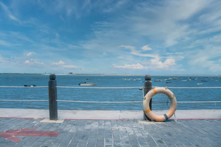 海滨步道前是开阔的蓝色海面、远处的船只和晴朗天空，栏杆旁悬挂着救生圈。