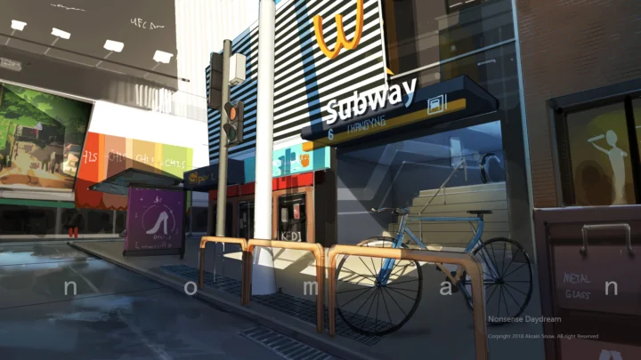 湿润的城市人行道旁停放着一辆自行车，背景是条纹店面和现代建筑立面。