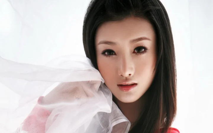 浅色背景前，一位长黑发女性以近距离肖像姿态面对镜头，画面左侧有半透明白色纱 fabric。