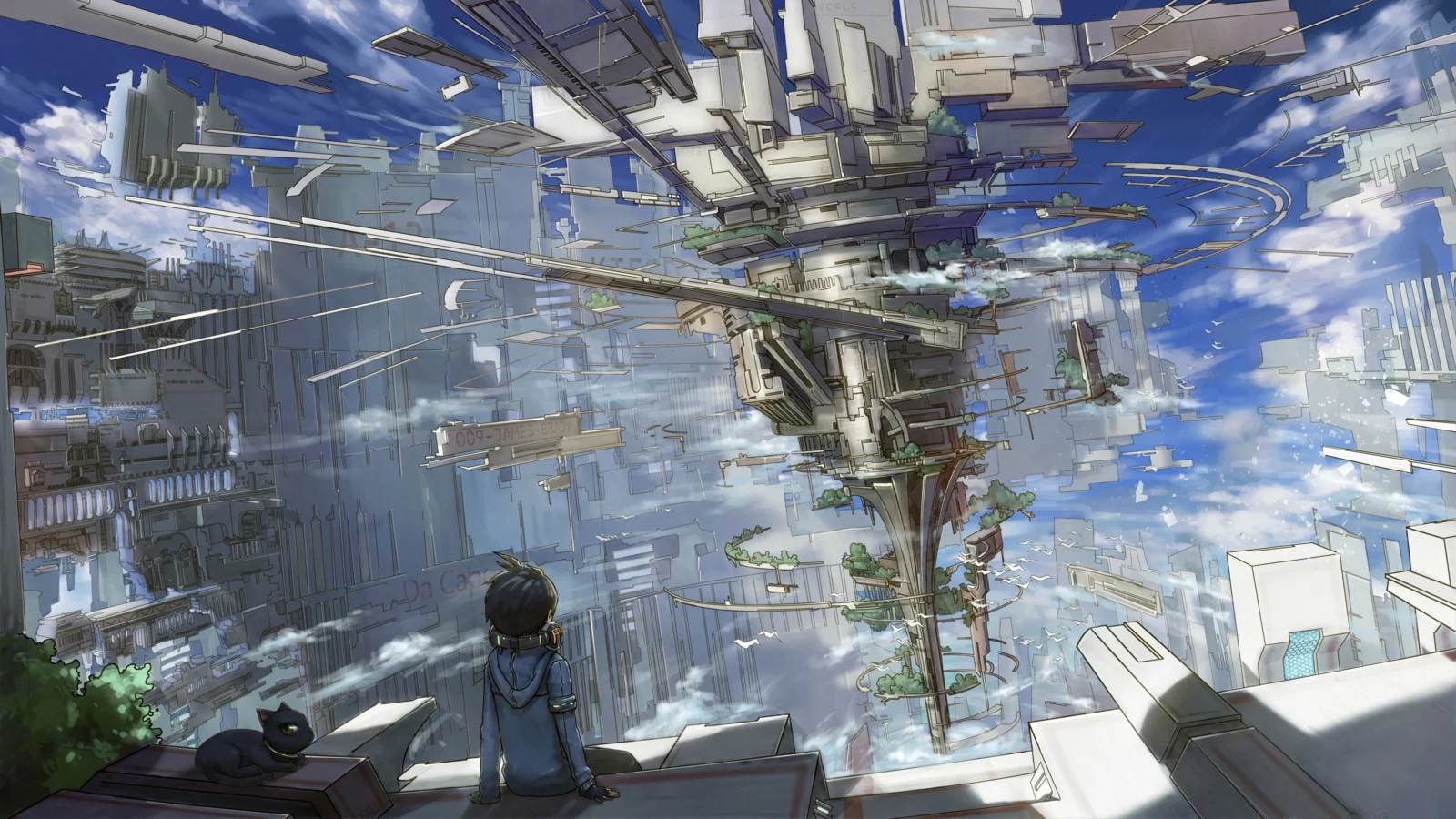 アニメ風の未来都市の建造物が青空と雲の下に広がり、手前の屋上には小さな人影と猫が見える。