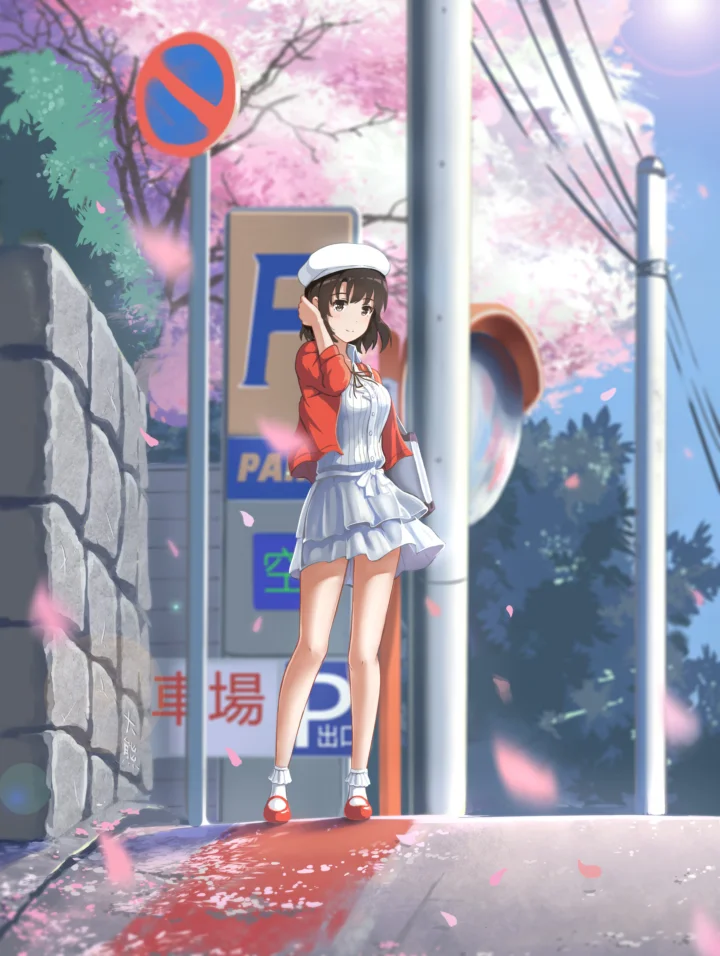 一位身穿红色外套和白色裙子的动漫女孩站在樱花盛开的街道上。
